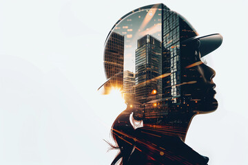 Photo of girl engineer on white background consisting of buildings. Double exposure photography - obrazy, fototapety, plakaty