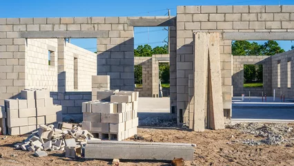 Fotobehang Street view of the concrete shell of a single-family house under construction in a suburban residential development on a sunny morning in southwest Florida © Kenneth
