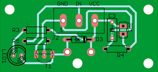 Vector printed circuit board of electronic 
device with components of radio elements, 
conductors and contact pads placed on it. 
Engineering drawing.