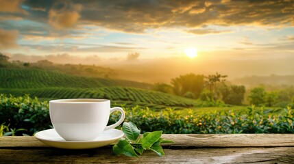 Steaming cup of tea overlooking a lush tea plantation at dawn. Concept of tea culture