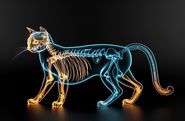 Illuminated visualization of a cat's anatomy: detailed x-ray highlighting the complex bone structure and internal organs