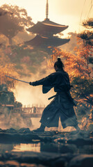 A mighty Samurai practices his art or war swordsmanship with a Japanese temple in the background.
- 768088852