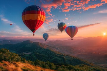Naklejka premium Sunset Adventure - Hot Air Balloons Over Scenic Landscape