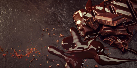 Dark chocolate bar topped with flowing melted chocolate on a dark brown backdrop. Confectionery...