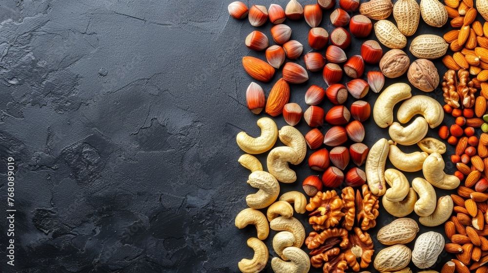 Poster assorted nuts natural background top view with various nut types for food and nutrition concepts
