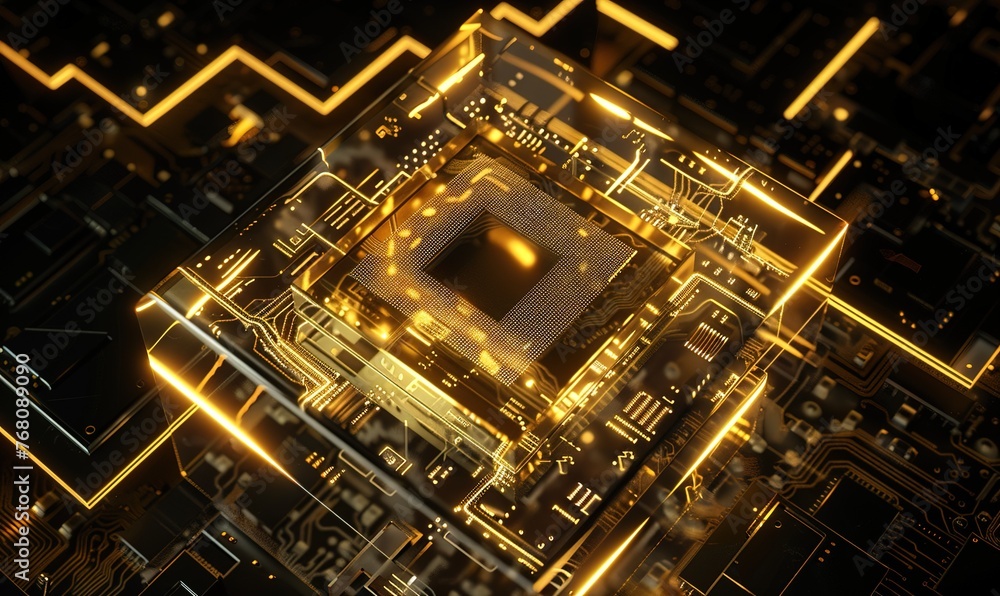 Poster illuminated circuit: close-up of a glowing complex microprocessor among complex electronic component