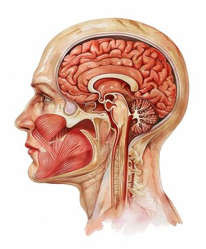 Complex anatomical illustration of the human head, showing brain structure, nervous system, and facial anatomy in vibrant colors