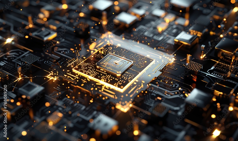 Poster illuminated circuit: close-up of a glowing complex microprocessor among complex electronic component
