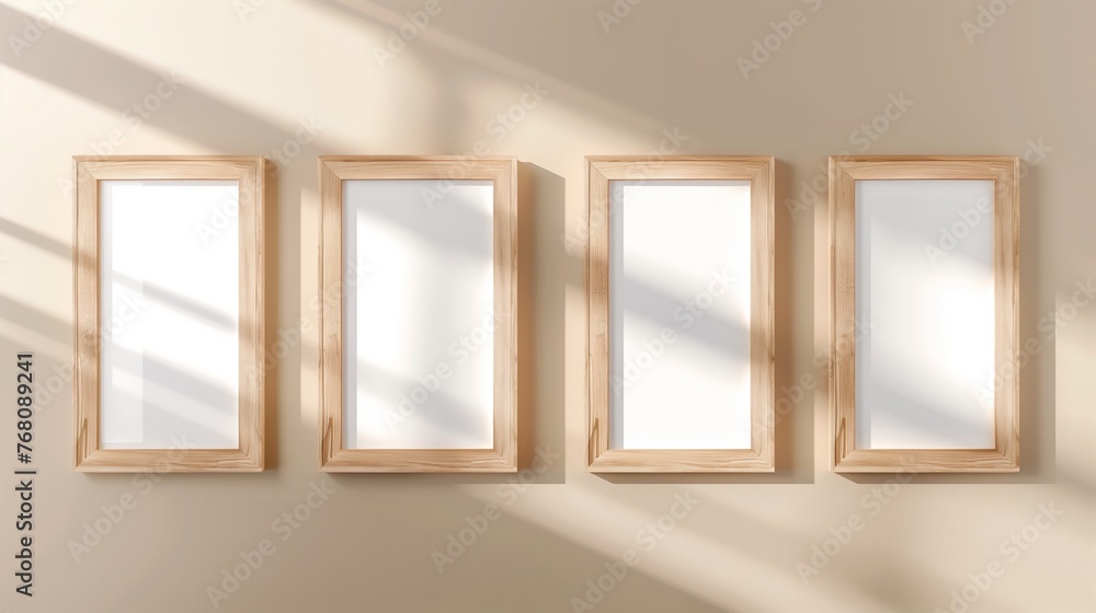 Poster four empty wooden frames hanging on a beige colored wall. the frames are modern and stylish. the fra