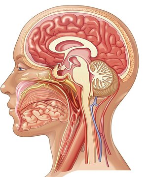 Complex anatomical illustration of the human head, showing brain structure, nervous system, and facial anatomy in vibrant colors