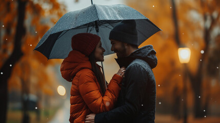 Romantic couple in love under umbrella in rainy day. Man and woman enjoy relationship and happiness together in winter autumn rain. Romance and people smiling end hugging at the park in leisure moment