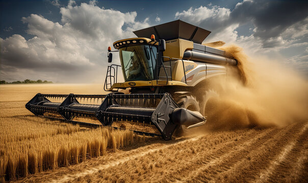 Combine harvester harvesting the wheat on the amazing wheat field