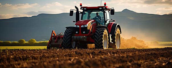 The tractor works the soil in the field with amazing background