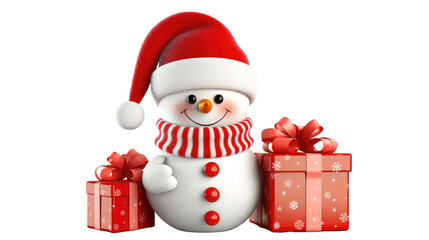 cute snowman in santa hat with gifts, isolated on a white background