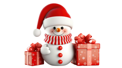 cute snowman in santa hat with gifts, isolated on a white background