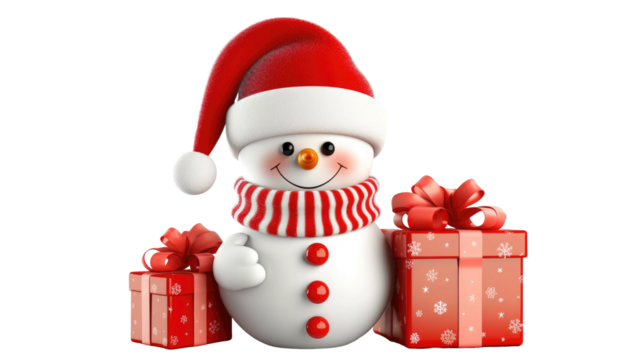 cute snowman in santa hat with gifts, isolated on a white background