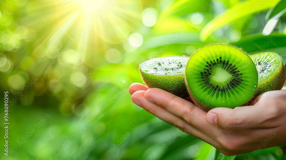 Poster vibrant kiwi held in hand with selection on blurred kiwi background and copy space