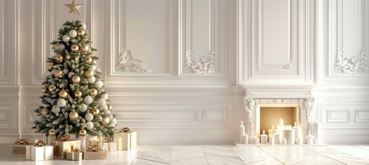 Elegant white christmas decor with golden baubles and presents  festive holiday scene