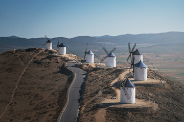 Aerial view of Consuegra windmills of La Mancha, famous for Don Quixote stories - Toledo, Castila La Macha, Spain