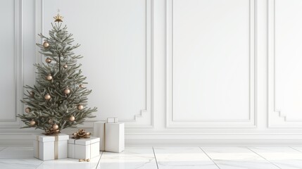 White christmas decor with golden ornaments and presents, festive holiday ambiance