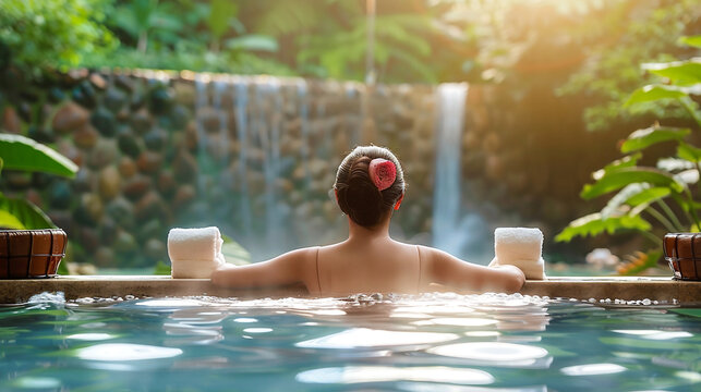 Beautiful young female tourist relaxing in onsen hot spring pool with her back turned,surrounded by the lush greenery at luxury spa resort and look at the waterfall.Health and wellness tourism concept