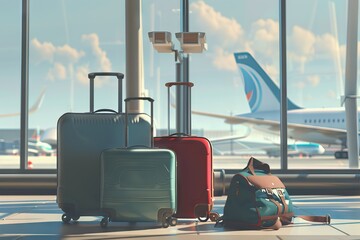 traveling luggage in airport terminal, concept of travel by air plane. AI generated illustration - obrazy, fototapety, plakaty