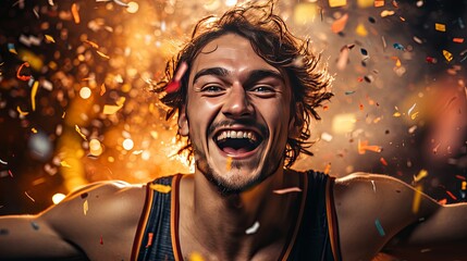 Excited young man laughing amidst a vibrant explosion of colorful confetti, depicting celebration and joy.