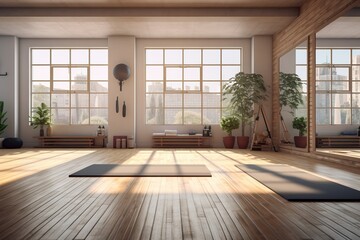 Rendering of an empty yoga room. Sunny day.
