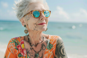 Generative AI portrait of mature person enjoying summer vacation on tropical beach