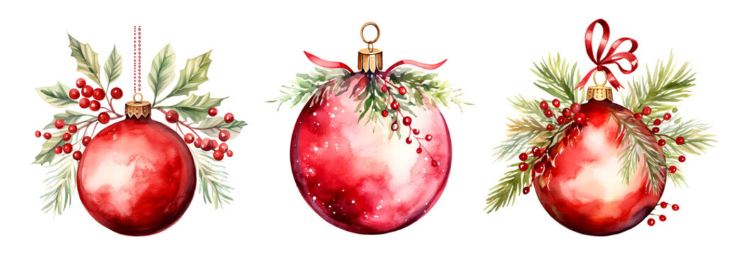 Set of Christmas balls with ornaments. Watercolor illustration.