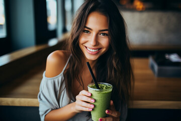 AI generated photo portrait of happy girl hold cocktail detox beverage with protein - obrazy, fototapety, plakaty