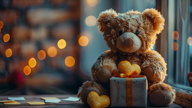 A cozy teddy bear holding a heart and gift box, with a warm bokeh light background, evoking feelings of love and comfort.