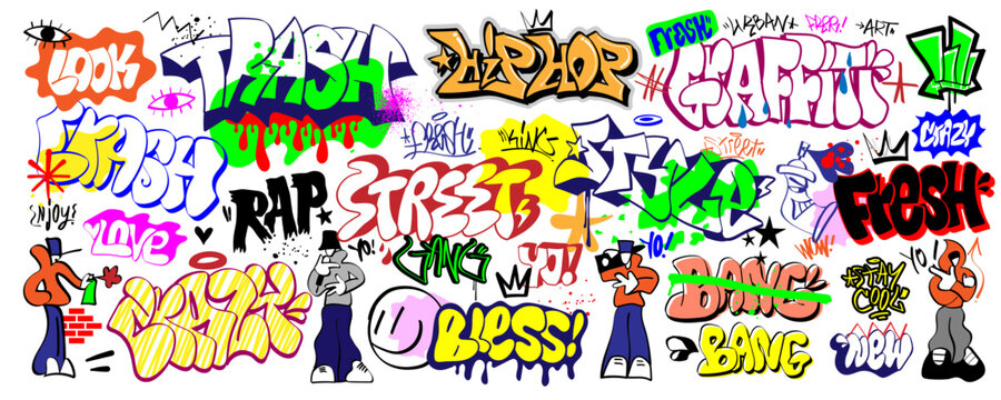 Graffiti Rap Music Hip Hop Style Words and Characters Vector set, street art  sign and symbols isolated design element 