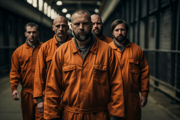 Criminals jailed in prison in orange uniform behind metal bars Generative AI realistic 3D picture