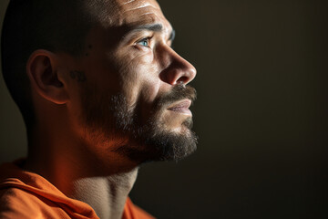 Fototapeta premium Criminals jailed in prison in orange uniform behind metal bars Generative AI realistic 3D picture