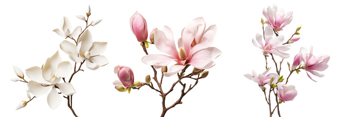 Collection of branches of magnolia flower isolated on transparent or white background