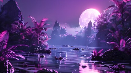 Mystical Moonlit Tropical Jungle Landscape with Glowing River and Reflections