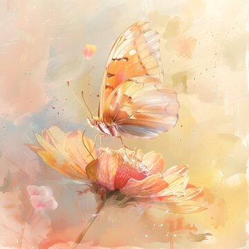 Enchanting Butterfly Amidst Vibrant Floral Watercolor Artwork