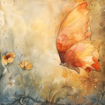 Enchanting Butterfly Amidst Flourishing Floral Watercolor Painting