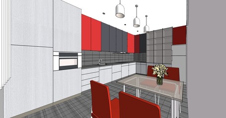house interior design kitchen 3d illustration