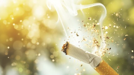 A smoldering cigarette with wafting smoke captured in a dreamy, bokeh background, highlighting the allure and danger of smoking - obrazy, fototapety, plakaty