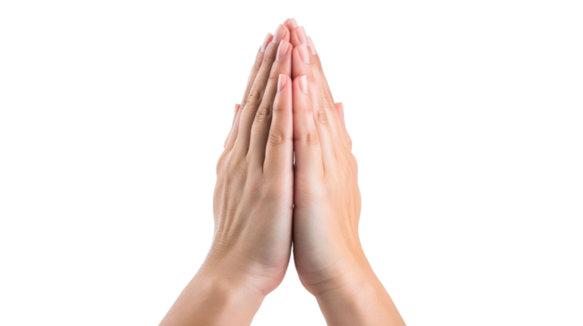 female hands praying on white isolated background