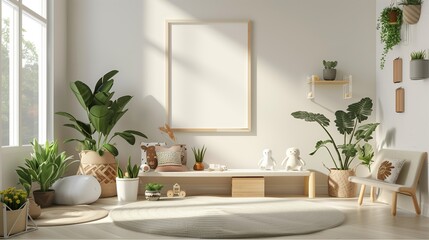 Fototapeta premium The trendy interier nursery kids room with a blank frame on the wall. Generated by artificial intelligence.