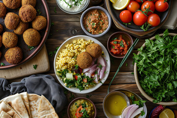 Falafel balls on a plate top view meal vegan diet with fresh vegetables and more ingredients