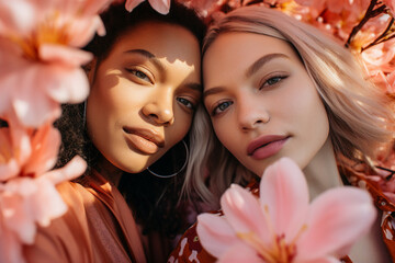 Fototapeta premium Happy people enjoying beautiful spring day park trees blossom city view Generative AI illustration