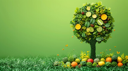Conceptual tree with vibrant fruit and vegetable leaves on a green background