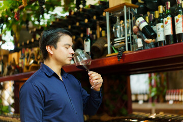 Portrait of good looking caucasian man testing and examining a red wine.