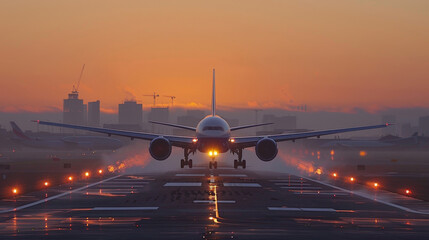 Commercial airplane on runway at dusk with city skyline in background