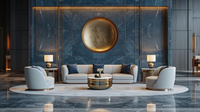 Interior luxury modern style, with sofa and blue wall. 3d rendering background.
