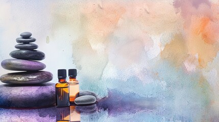 A tranquil arrangement featuring smooth spa stones and amber bottles of essential oils against an abstract watercolor background, embodying relaxation and wellness.